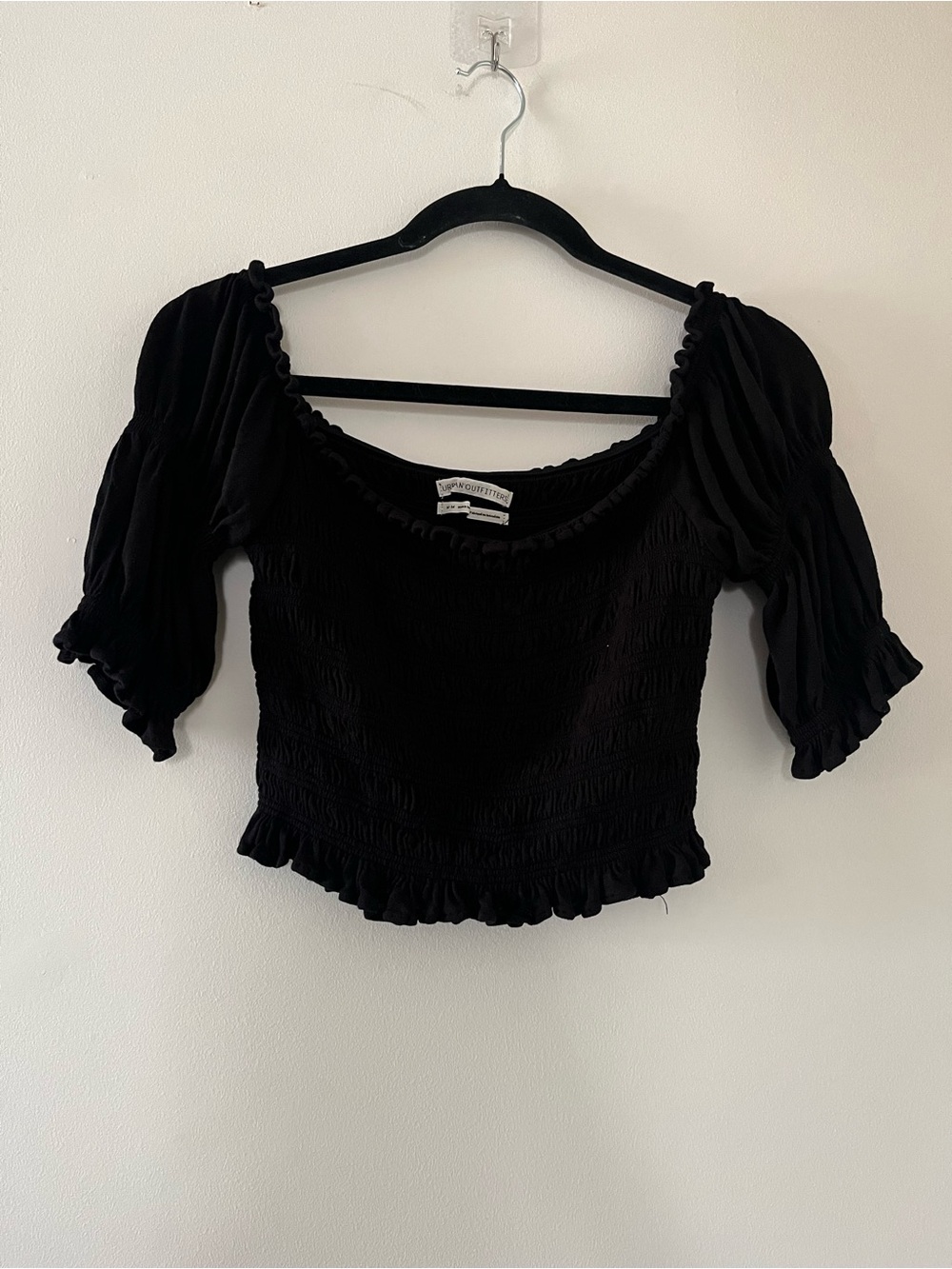 Urban Outfitters Black Smocked Puff Sleeve Crop Top Medium Milkmaid Cottagecore